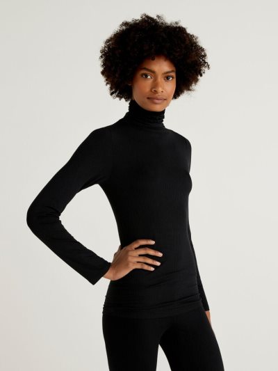 Women's Benetton Ribbed Turtleneck T Shirts Black | NZ881178