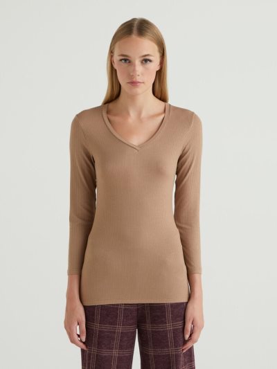 Women's Benetton Ribbed V-neck T Shirts Dove Grey | NZ273101