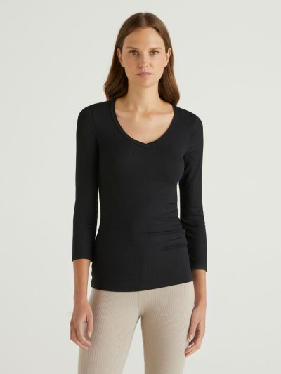 Women's Benetton Ribbed V-neck T Shirts Black | NZ744407