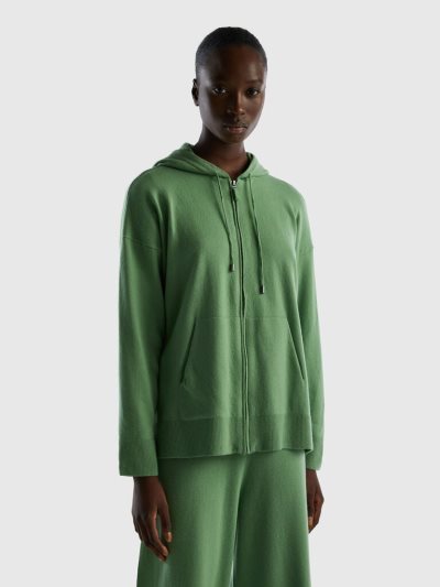 Women's Benetton Sage Green Cashmere Blend Hood Crew Neck Sweaters Green | NZ696949