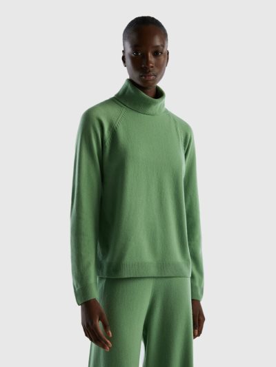 Women's Benetton Sage Green Wool And Cashmere Blend Turtleneck High Neck Sweaters Green | NZ870623