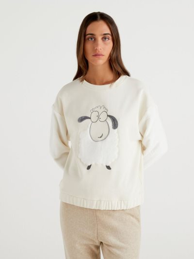 Women's Benetton Sheep Fur Sleeves Sweatshirt White | NZ075930