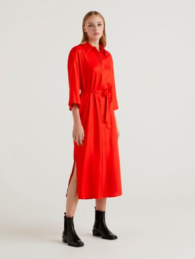 Women's Benetton Shirt Dress Belt Midi Dress Red | NZ761579