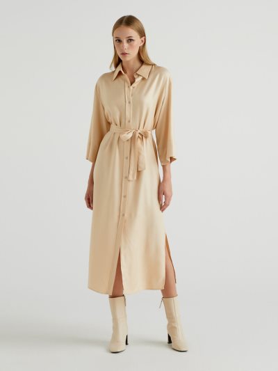Women's Benetton Shirt Dress Belt Midi Dress Soft Pink | NZ944234