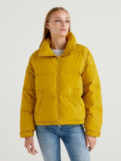 Women's Benetton Short Padded High Neck Puffer Jackets Yellow | NZ711630