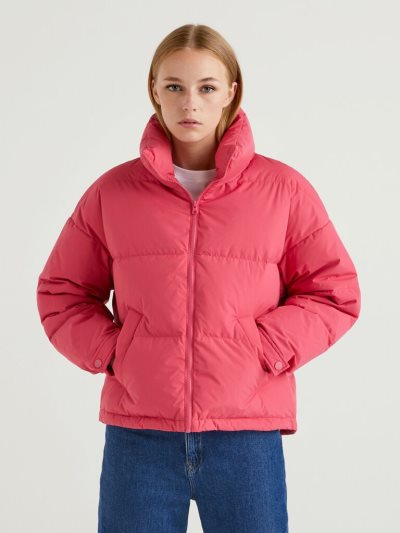 Women's Benetton Short Padded High Neck Puffer Jackets Cyclamen | NZ953531