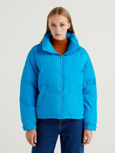 Women's Benetton Short Padded High Neck Puffer Jackets Turquoise | NZ956460