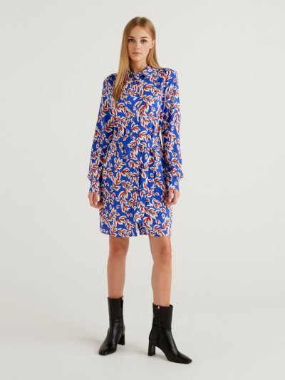 Women's Benetton Short Patterned Shirt Dress Dress Bright Blue | NZ750605