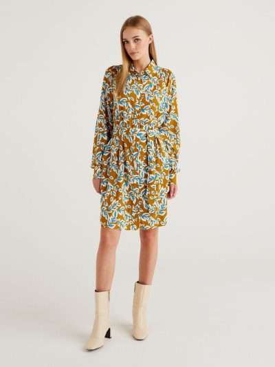 Women's Benetton Short Patterned Shirt Dress Dress Mustard | NZ807100