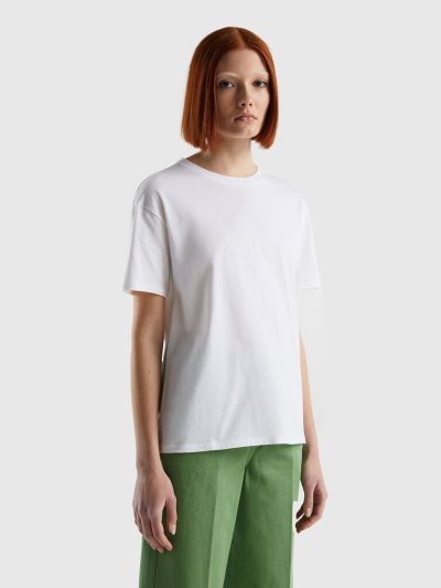 Women's Benetton Short Sleeve 100% Cotton T Shirts White | NZ173518