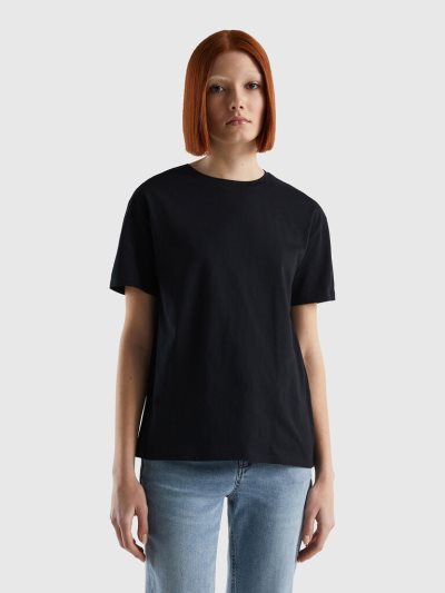 Women's Benetton Short Sleeve 100% Cotton T Shirts Black | NZ619238
