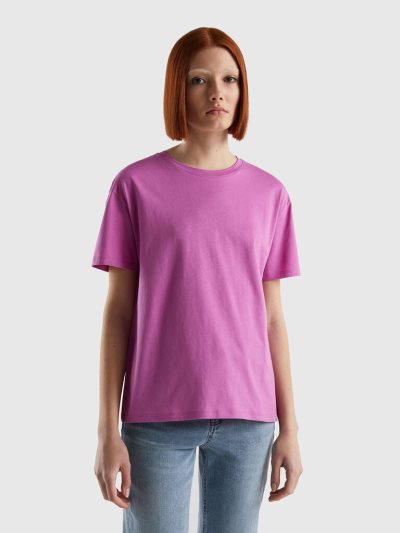 Women's Benetton Short Sleeve 100% Cotton T Shirts Pink | NZ820045