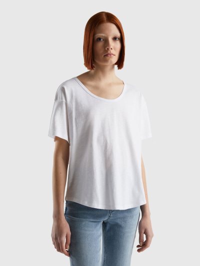Women's Benetton Short Sleeve Lightweight Cotton T Shirts White | NZ368741