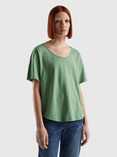Women's Benetton Short Sleeve Lightweight Cotton T Shirts Green | NZ531400