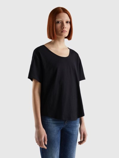 Women's Benetton Short Sleeve Lightweight Cotton T Shirts Black | NZ536039