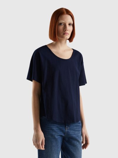 Women's Benetton Short Sleeve Lightweight Cotton T Shirts Dark Blue | NZ738987