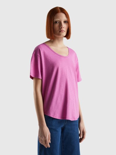Women's Benetton Short Sleeve Lightweight Cotton T Shirts Pink | NZ762526