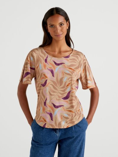 Women's Benetton Short Sleeve Patterned T Shirts Brown | NZ037257