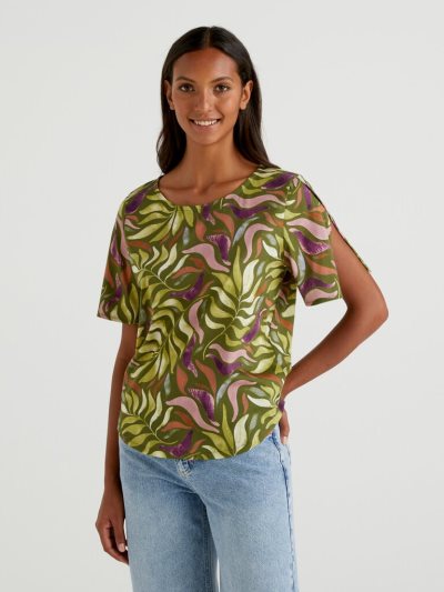 Women's Benetton Short Sleeve Patterned T Shirts Olive Green | NZ223625