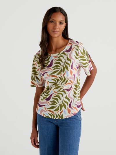 Women's Benetton Short Sleeve Patterned T Shirts White | NZ234021