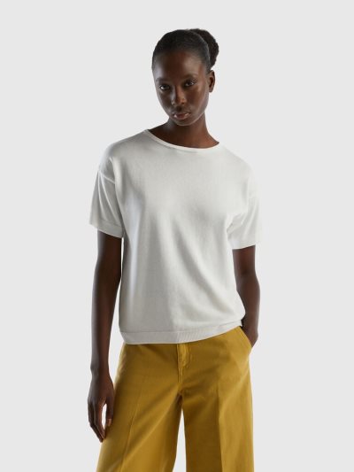 Women's Benetton Short Sleeve Sweaters Creamy White | NZ645394