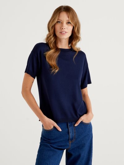 Women's Benetton Short Sleeve Sweaters Dark Blue | NZ858542
