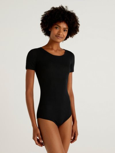 Women's Benetton Short Sleeve Thin Ribbed Bodysuits Black | NZ792210