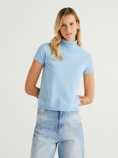 Women's Benetton Short Sleeve Turtleneck High Neck Sweaters Light Blue | NZ283305