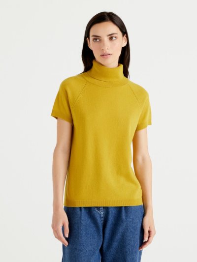 Women's Benetton Short Sleeve Turtleneck High Neck Sweaters Yellow | NZ339950