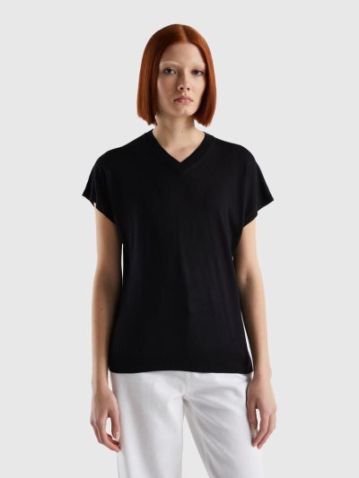 Women's Benetton Short Sleeve Viscose Blend Sweaters Black | NZ656829