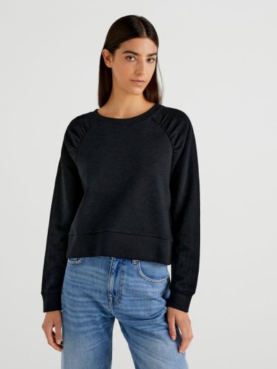 Women's Benetton Short Wide Crew Neck Sweatshirt Black | NZ274371