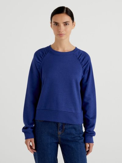 Women's Benetton Short Wide Crew Neck Sweatshirt Air Force Blue | NZ683231