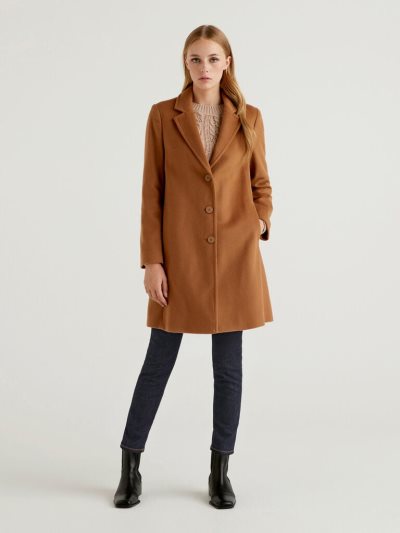 Women's Benetton Short Wool Blend Cloth Coats Camel | NZ466219
