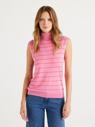 Women's Benetton Sleeveless Cashmere Blend Turtleneck Sweaters Pink | NZ019970
