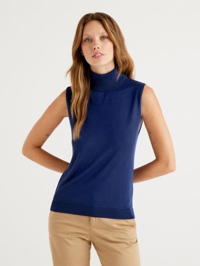 Women's Benetton Sleeveless Cashmere Blend Turtleneck Sweaters Blue | NZ192921