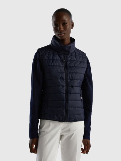 Women's Benetton Sleeveless Puffer Recycled Wadding Vest Dark Blue | NZ184338