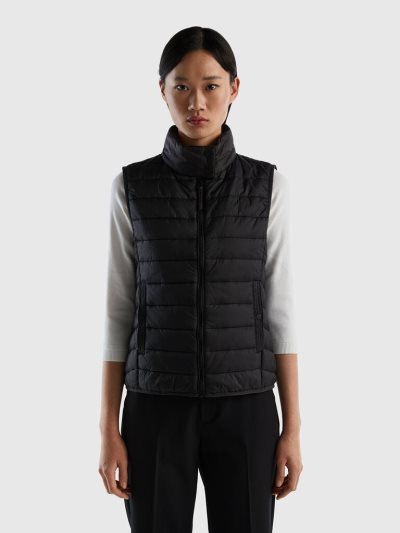 Women's Benetton Sleeveless Puffer Recycled Wadding Vest Black | NZ884098
