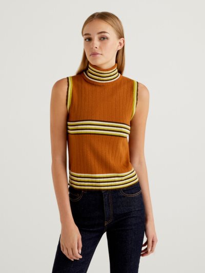 Women's Benetton Sleeveless Stripes Turtleneck High Neck Sweaters Burnt | NZ175395