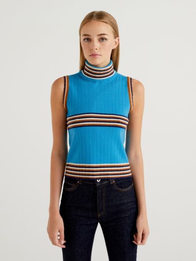 Women's Benetton Sleeveless Stripes Turtleneck High Neck Sweaters Turquoise | NZ797461