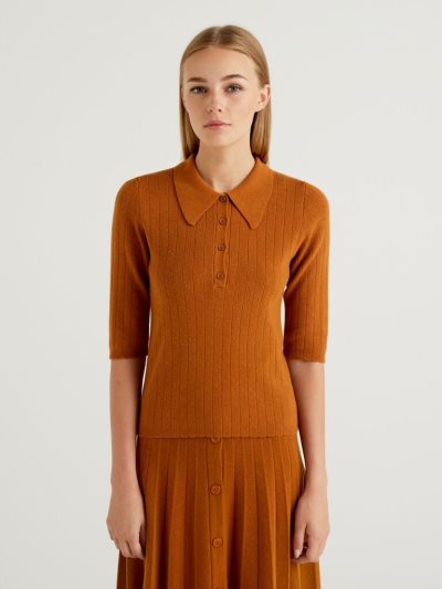 Women's Benetton Slim Fit Knit Polo Shirts Orange | NZ872145