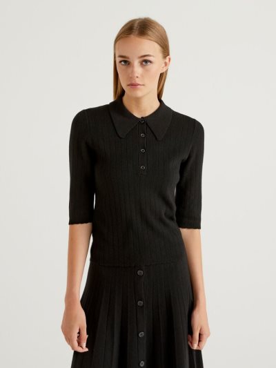 Women's Benetton Slim Fit Knit Polo Shirts Black | NZ937501