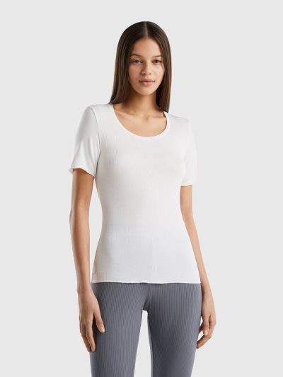 Women's Benetton Slim Fit Ribbed T Shirts Creamy White | NZ738952