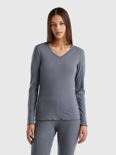 Women's Benetton Slim Fit Ribbed Tops Grey | NZ885752