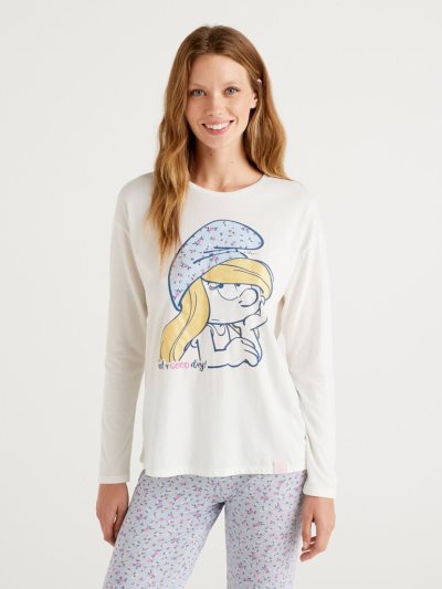 Women's Benetton Smurfs Cotton And Viscose Blend T Shirts Creamy White | NZ125648