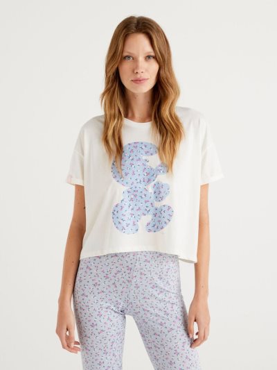Women's Benetton Smurfs Long Fiber Cotton T Shirts Creamy White | NZ870683