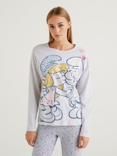 Women's Benetton Smurfs Long Fiber Cotton T Shirts Light Grey | NZ964641