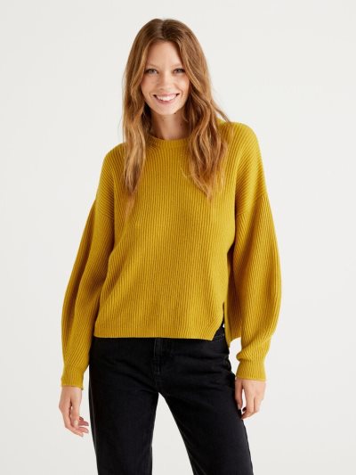 Women's Benetton Soft Slit Pattern Crew Neck Sweaters Yellow | NZ830427