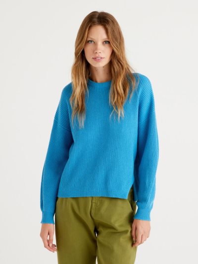 Women's Benetton Soft Slit Pattern Crew Neck Sweaters Turquoise | NZ888167