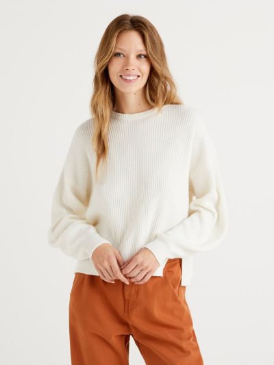 Women's Benetton Soft Slit Pattern Crew Neck Sweaters Creamy White | NZ901506