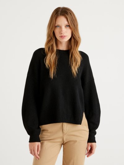 Women's Benetton Soft Slit Pattern Crew Neck Sweaters Black | NZ943639